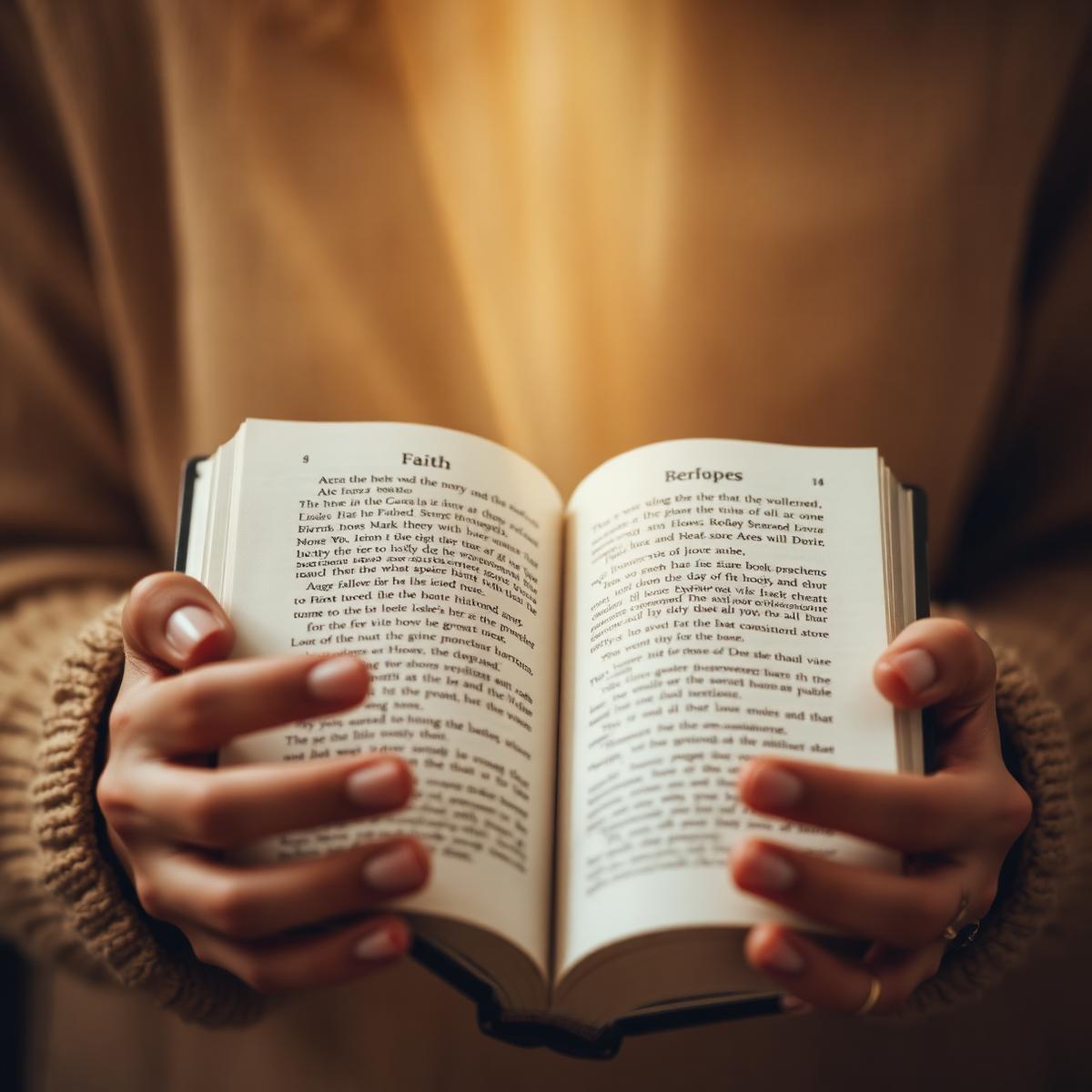 Hands holding an open book with light