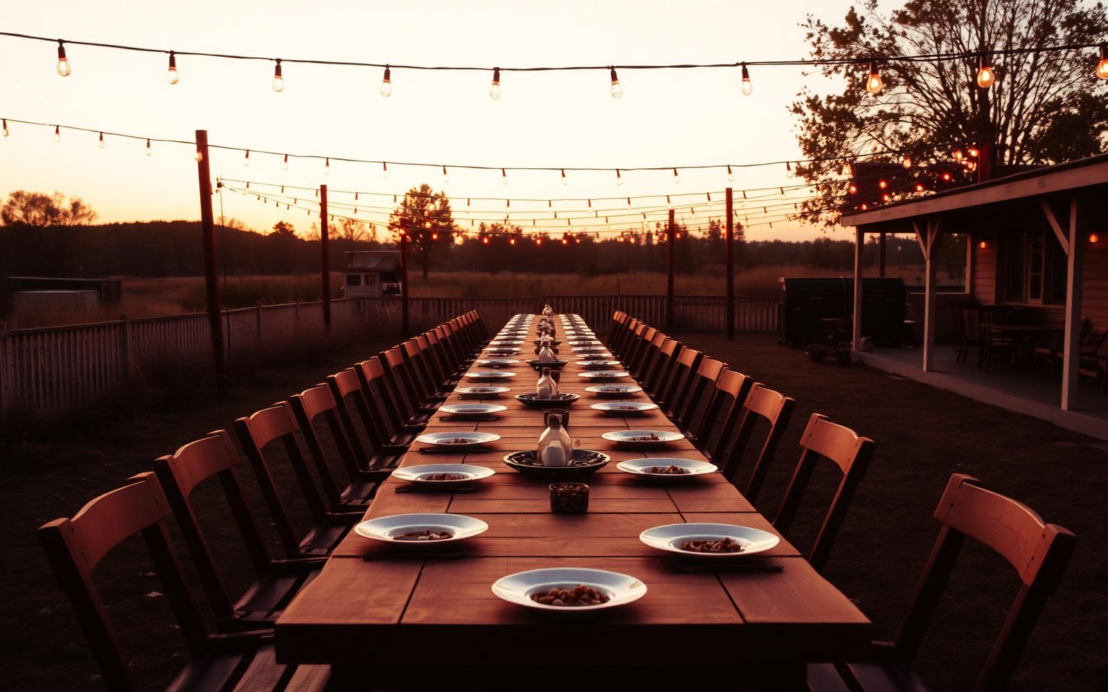 A long communal dinner table set at golden hour, lit by overhead string lights