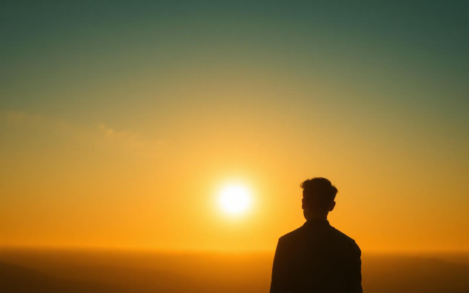 A person looking out toward an open horizon at sunrise